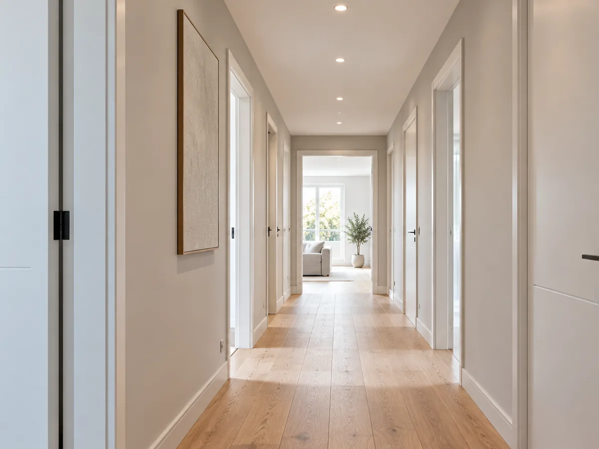 Couloir repeint et livré, plinthes et huisseries laquées