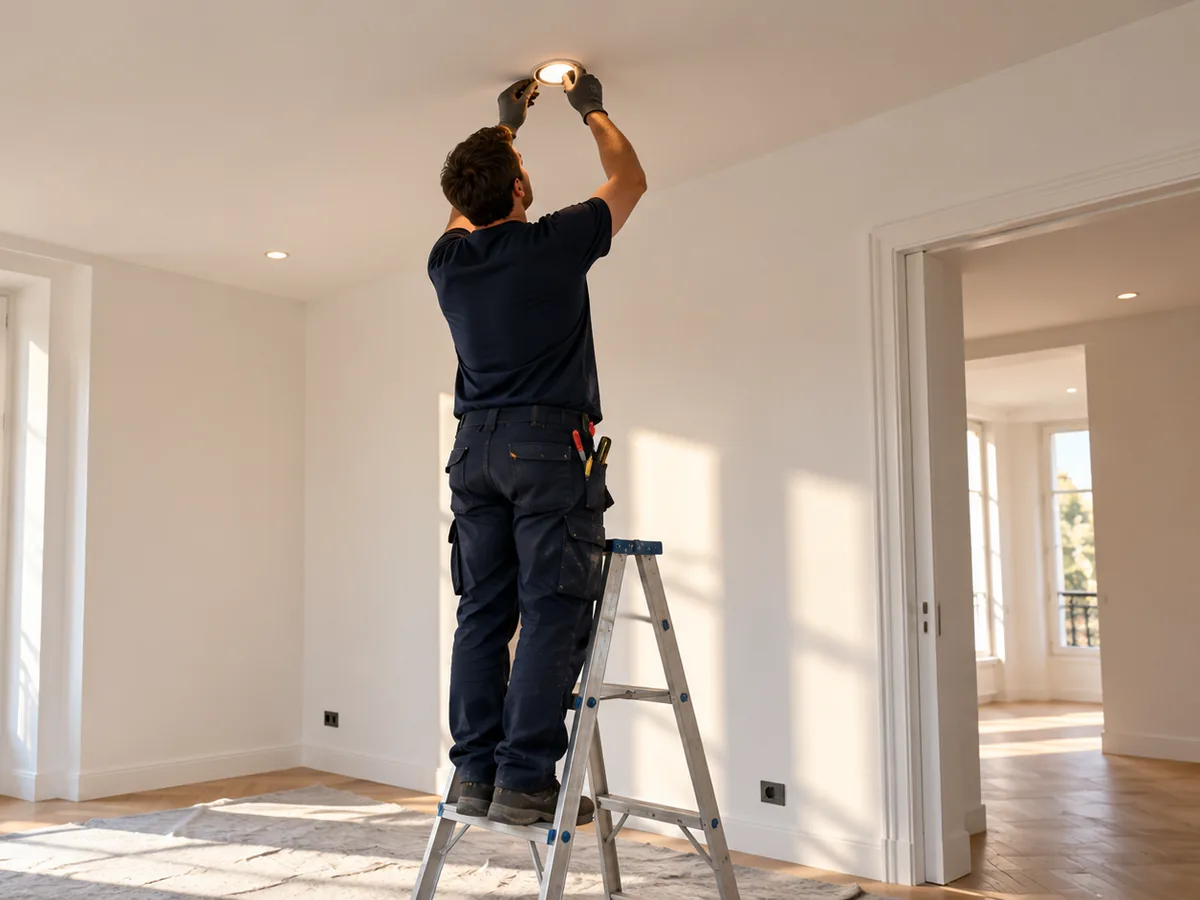 Pose d'un faux plafond et de son éclairage dans une pièce rénovée