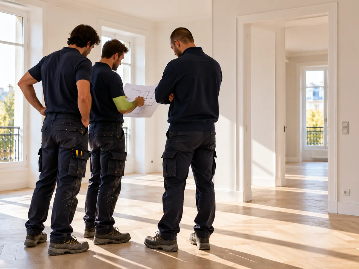Compagnons de JGR TECHNIBAT réunis autour d'un plan sur un chantier livré