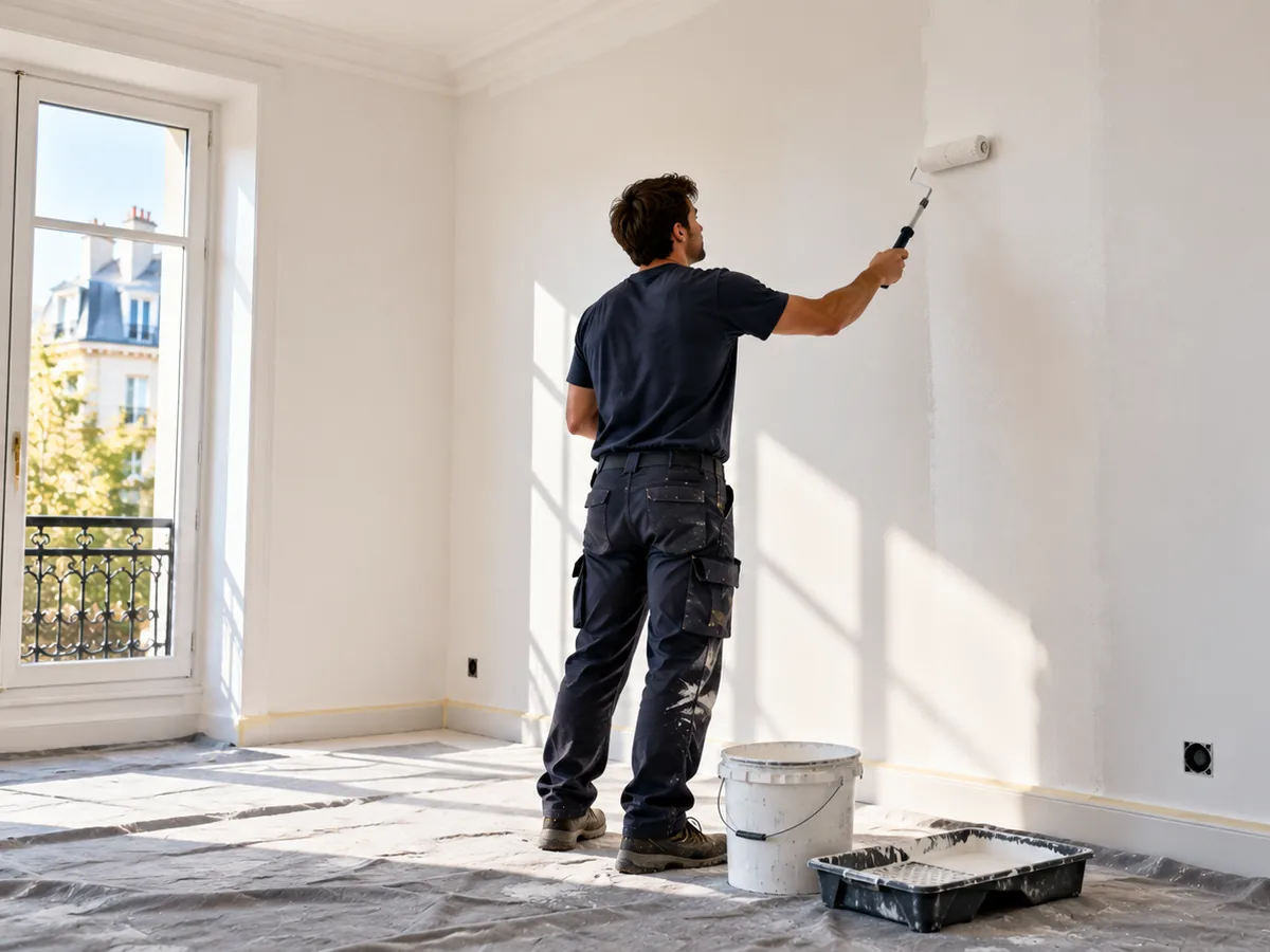 Peintre de JGR TECHNIBAT appliquant une peinture mate au rouleau sur un mur lisse