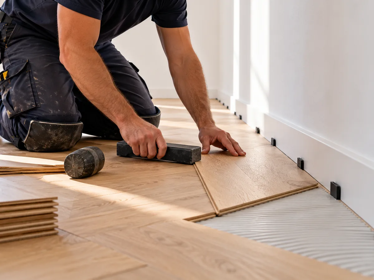 Pose d'un parquet contrecollé en chêne clair par un compagnon de JGR TECHNIBAT