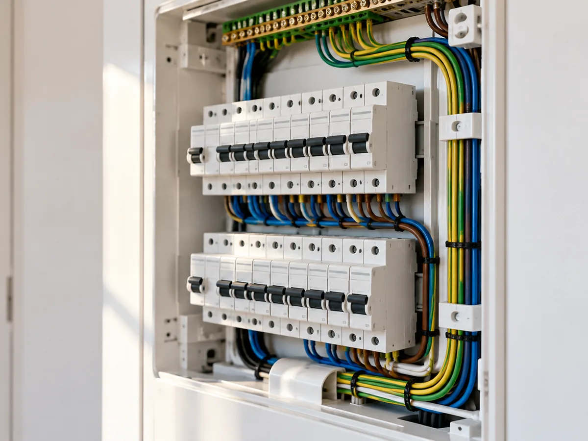 Tableau électrique neuf installé par JGR TECHNIBAT, disjoncteurs alignés et câblage peigné